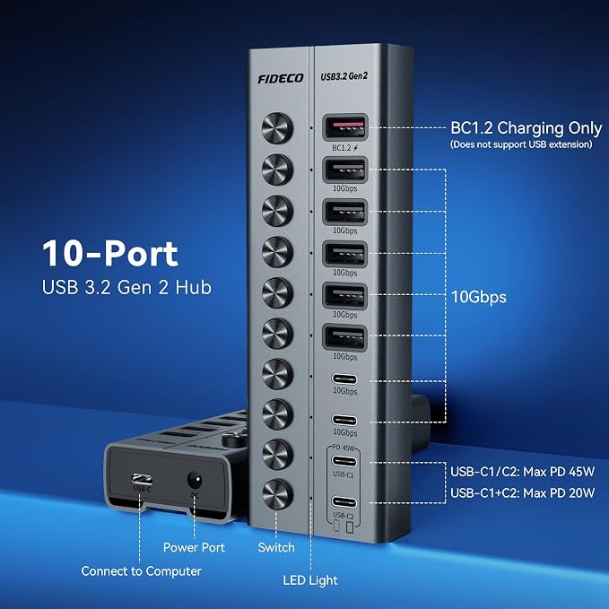 FIDECO 10-Port 72W Powered USB Hub, USB C Hub with 1 BC1.2, 2 PD 45W Charging Ports, and 7 USB 3.2 Ports (5 USB-A + 2 USB-C), Aluminum 10Gbps USB Hub for Laptop, PC, MacBook, iPhone 17/16/15, Grey