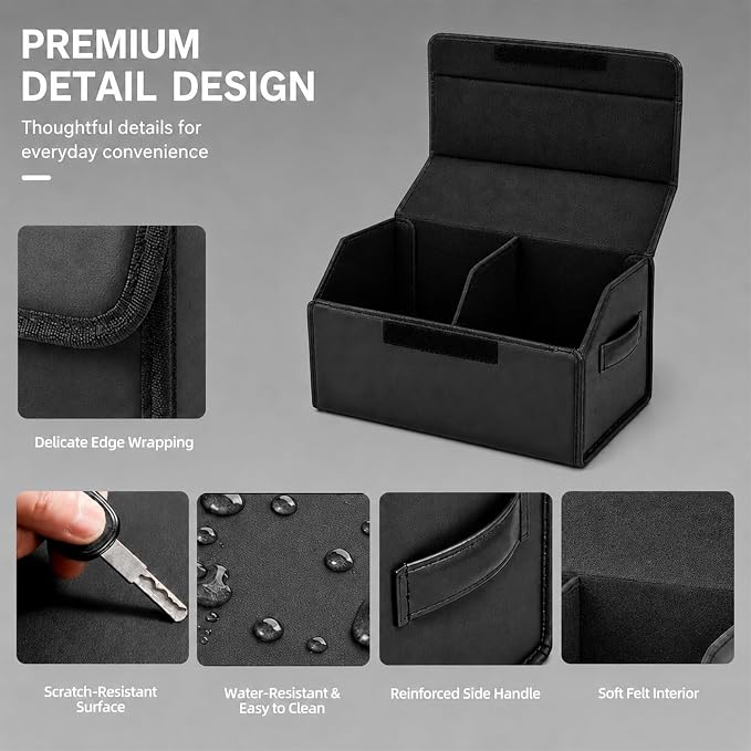 Car Trunk Organizer, Foldable Cargo Storage Box with Hook-and-Loop Lid, Suede & Faux Leather Trunk Organizer for SUV Sedan Truck, Adjustable Divider, Handles, Black, 19.7inches