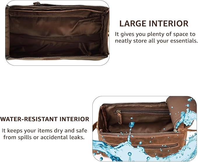 Hindoro Premium Buffalo Leather Travel Toiletry Bag - Unisex Water-Resistant Vintage Travel Pouch Kit, Shaving & Cosmetic Organizer for Men & Women - Compact Bathroom Essentials - Distressed Brown