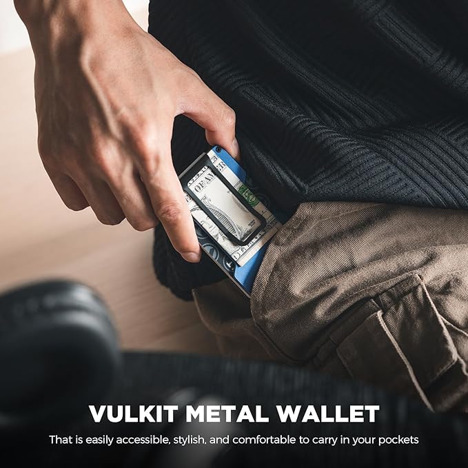 VULKIT Men's Metal Wallet with Money Clip Slim Credit Card Holder, Minimalist Business Card Case Front Pocket Wallet for Men(Blue)