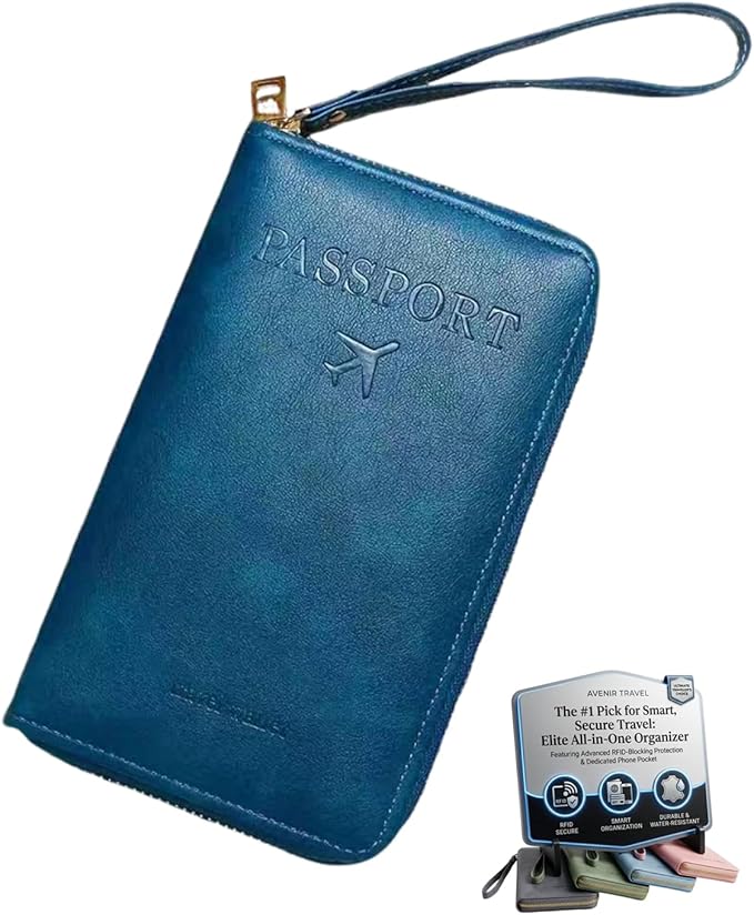 RFID Blocking Wallet for Women Men Cash Travel Passport Holder Family PU Leather Phone Document Organizer Case Cover Pouch with Lanyard Zipper Boarding Pass Id Card Pocket(Peacock Blue)