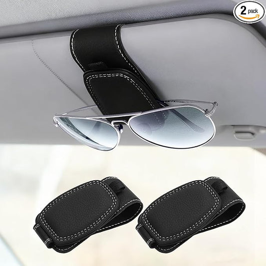 CJSD Sunglass Holder for Car, Premium Leather Sun Visor Clip Mount, Universal Fit Magnetic Clips, Interior Car Accessories- 2 Pack