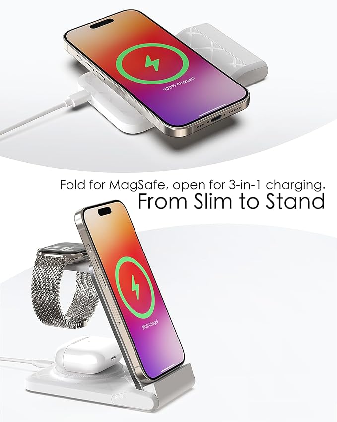 3 in 1 Charging Station for Multiple Devices,Travel Wireless Charging Station, Foldable Charger for iPhone 16/15/14/13/12/SE/11/X/8 Series,& Android Phone,& AirPods,& iWatch (Adapter Not Included)