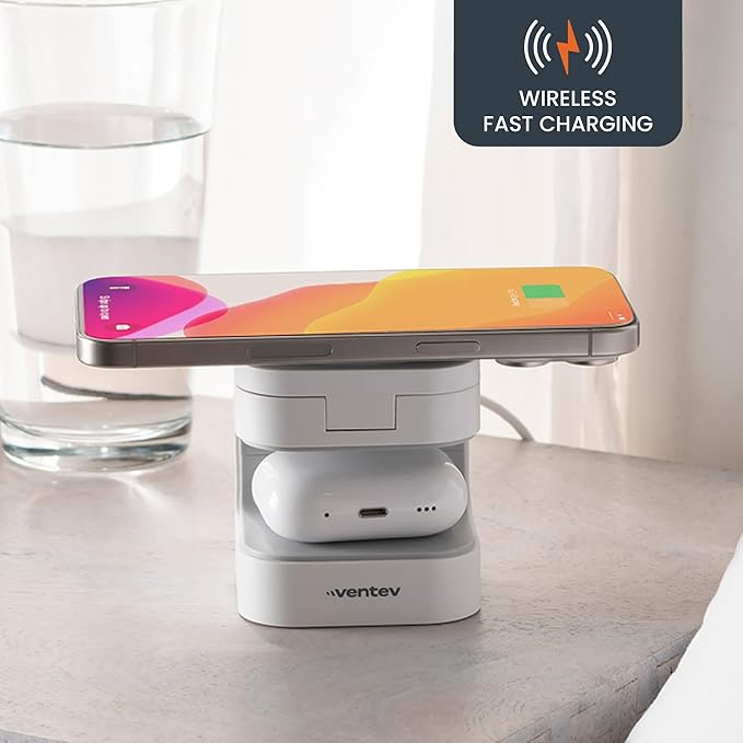 Ventev – 15W Qi2 MagSafe Wireless Charger Stand, 2-in-1 Charging Station for iPhone 16/16 Pro, 15/14/13, AirPods Pro | Fast Wireless Charger with Adjustable Stand, 5W Earbuds Pad, 30W Adapter – White