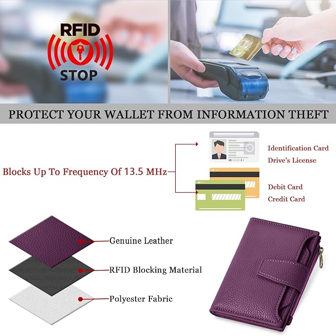 Airkit Small Wallet Women RFID Blocking Soft Leather Bifold Compact Card Holder Wallet for Women with Zipper Coin Pocket 4 ID Window