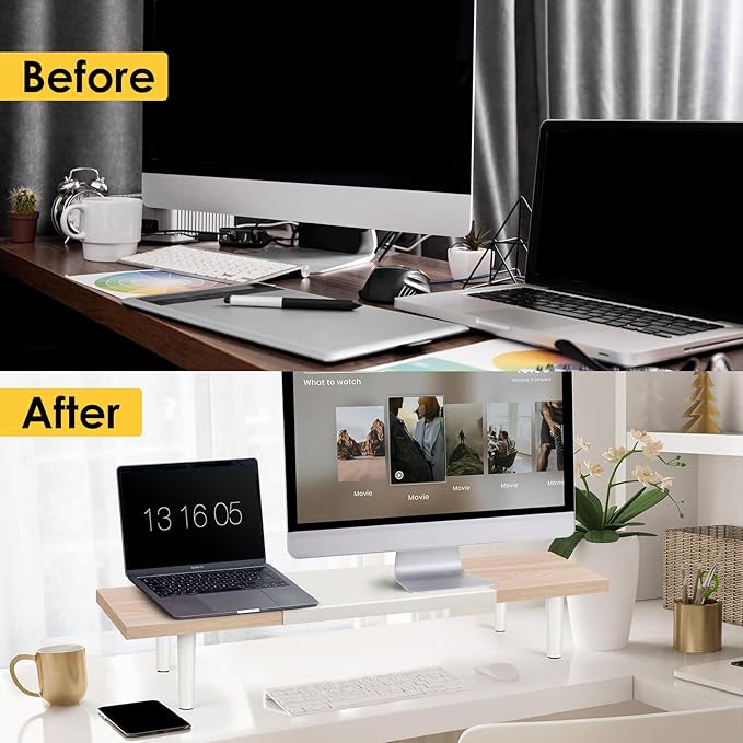 Dual-Monitor-Stand-Riser-For-Desk Adjustable Length 32-40 Inch，Large Desktop Computer Monitor Riser For 2 Screens，Desk Shelf Organizer Riser Stand For Computer/Laptop/PC/Printer/TV Black