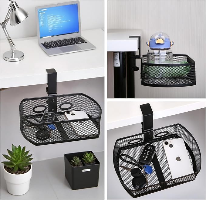 Clamp-On Hanging Desk Organizer - Metal Under-Desk Storage with Clamp Mount, Desk Attachments for Home/School/Office, Essential Office Supplies