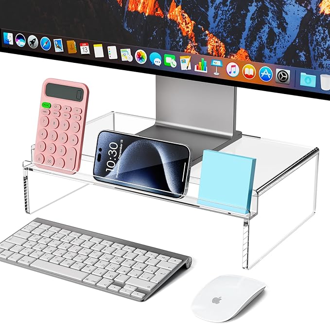 Crpich Clear Acrylic Monitor Stand Riser with Slot for Desk Accessories Organizer, Ergonomic Desktop Organizer for Computer, Laptop, Screen ??Sleek & Durable Design for Office or Home