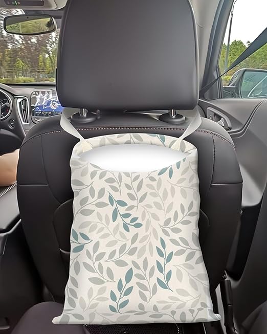 Car Trash Can, Seat Back Hanging Car Trash Bag, Cute Canvas Car Garbage Bag, Essential Car Trash Bin Car Organizers Boho White Leaf