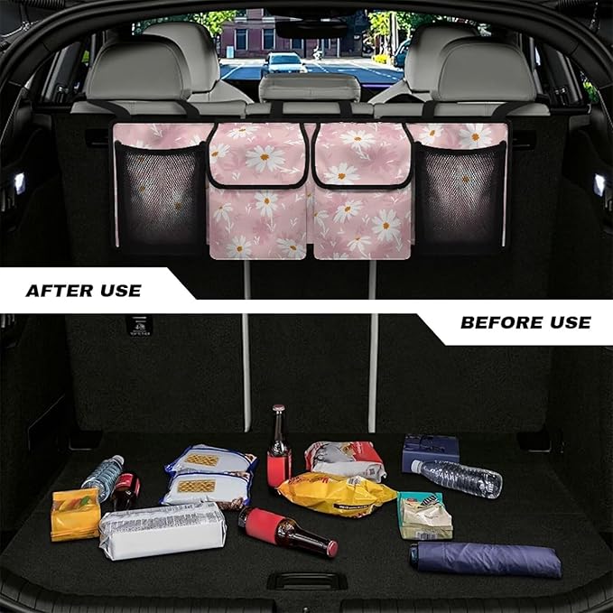 Daisy Printed Trunk Organizer for Car Foldable Trunk Storage Organizer with 4 Pocket & 3 Adjustable Straps Wear-Resistant Oxford Fabric Multipurpose Cargo Bag
