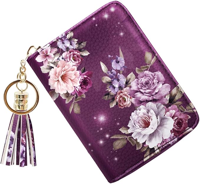 Coco Rossi Women's Small Credit Card Wallet RFID Cute Flower Card Holder for Women, Purple Flower