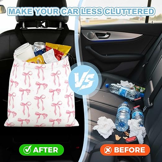 Pink Bow Car Trash Bag - Waterproof Car Trash Bag Hanging Leakproof Car Garbage Bag - Washable Reusable Trash Bag for Car Interior Hanging Organizer Storage Vehicle Travelling Camping