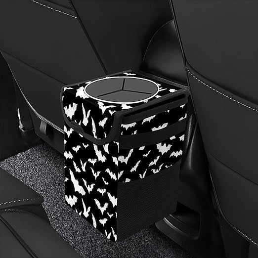 Car Trash Can with Lid Black and White Goth Bats Collapsible Reusable Leak-Proof Auto Garage Bag,Hanging Vehicle Car Accessories Interior Car Organizer