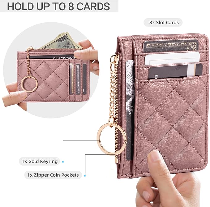 Credit Card Holder, Slim Keychain Wallet with Zipper Coin Pocket Front Small Pocket Wallet for Women, Pink