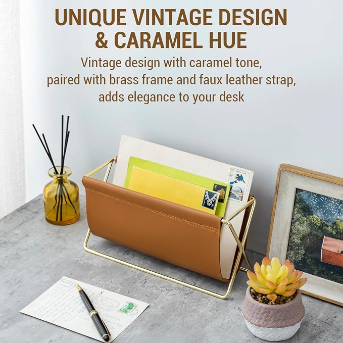 MyGift 10 Inch Mid Century Caramel Leatherette Mail Sorter Letter Holder Rack with Brass Tone Metal Frame, Faux Leather Sling Style Office Desk Card Envelope Organizer Stand