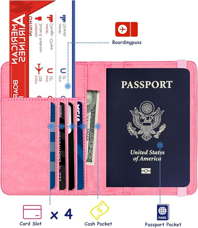 TOURSUIT RFID Blocking Passport Holder for Women Men, Leather Passport Travel Wallet with 3D Metal Badge, Travel Document Holder Cover Accessories (Pink)