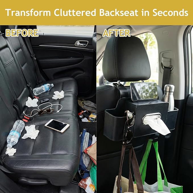 Backseat Car Organizer, 4 in 1 Multifunctional Car Back Seat Storage Organizer with Tissue Box, 2 Cup Holders, Phone Stand and Hooks, Automotive Seat Back Organizers (Brown)