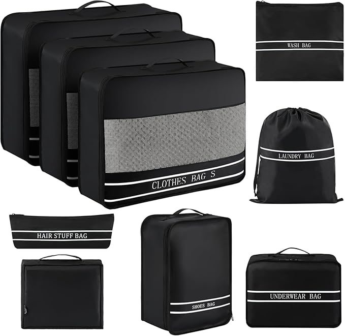 9 Set Packing Cubes Luggage Packing Organizers for Travel Accessories Space Saving Travel Bags for Carry On, Lightweight Mesh Zipper, Clothes, Shoes, Laundry and Shoe Bag, Suitcases (BLACK)