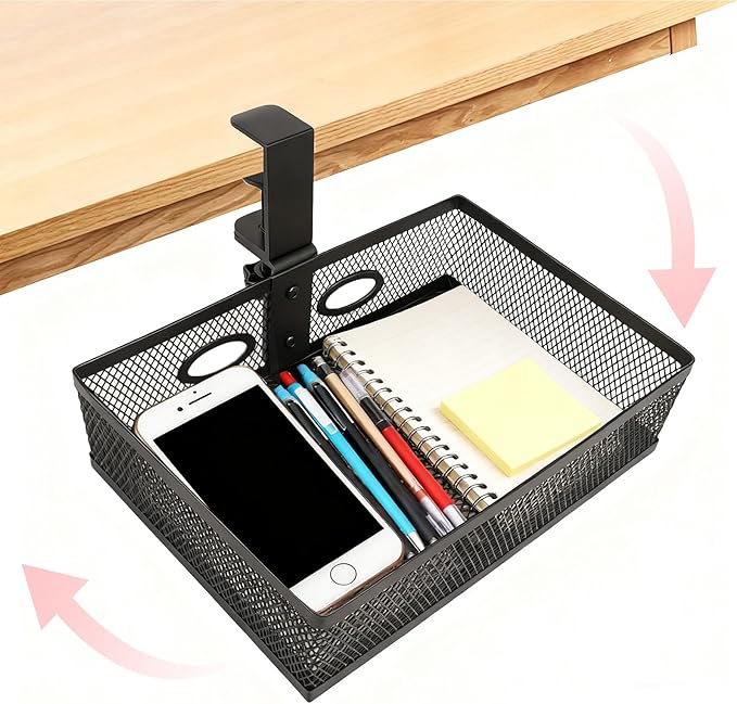 Under Desk Organizer 360° Swivel,under Desk Drawer, Clamp-On No Drill Installation,Sturdy Mesh Storage Drawer for Office,Drawing Room and Kitchen Room,Art Supplies and More(Without Cup Holder)