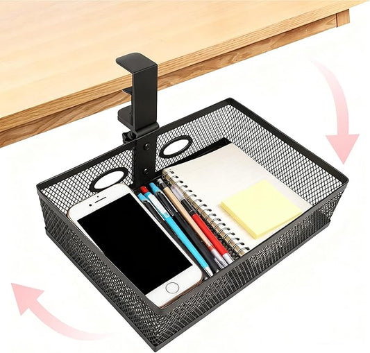 Under Desk Organizer 360° Swivel,under Desk Drawer, Clamp-On No Drill Installation,Sturdy Mesh Storage Drawer for Office,Drawing Room and Kitchen Room,Art Supplies and More(Without Cup Holder)