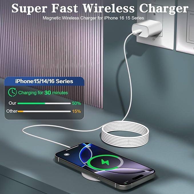 Magnetic Wireless Charger 2Pack Apple 10FT Magsafe Charger,Fast Mag-Safe Charging Wireless iPhone Charger Pad with Charging Plug for iPhone 16Pro Max/16Pro/16Plus/15Pro Max/15/14/13/12/AirPods3/Pro 2