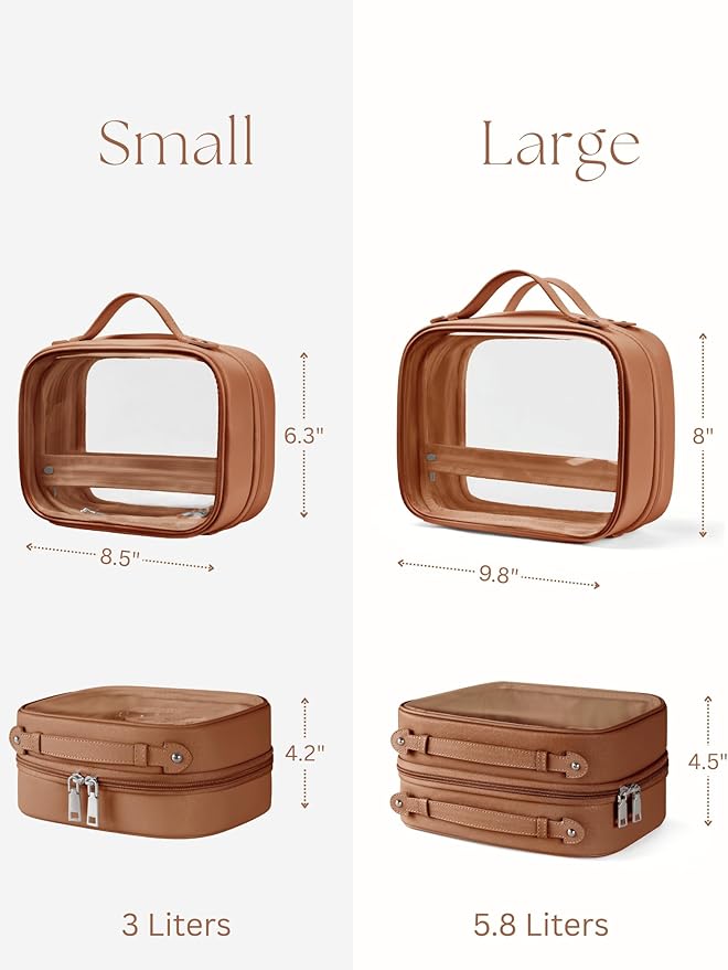 Clear Cosmetic Bag Double Layer Travel Toiletry Bag Clear Makeup Bag Case with 4 Compartments, Transparent Travel Bag for Toiletries, Large Toiletry Bag for Women Cosmetic Case (Brown, Large)