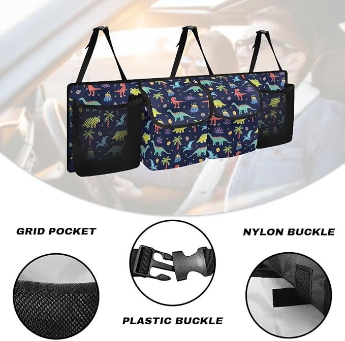 Cartoon Dinosaur Trunk Hanging Organizer Backseat Bag with 4 Pockets & 3 Adjustable Straps for Groceries Collapsible Storage Container Car Interior Accessories