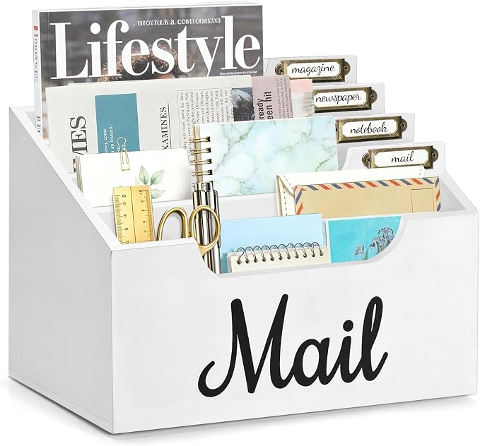 Rustic Wood Mail Organizer Countertop with 4 Slots, Black Mail Holder for Desk, Removable Dividers Mail Sorter, Letter Bill File Organizer for Home Office Classroom, Desktop Organizer with Free Labels
