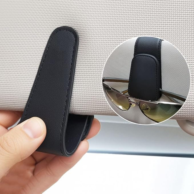 EldHus Sunglass Holder for Car Visor, Magnetic Car Glasses Holder Clip, Leather Eyeglass Holder for Car, Universal Vehicle Sunglasses Hanger Eyeglasses Mount, 1 Pack Black