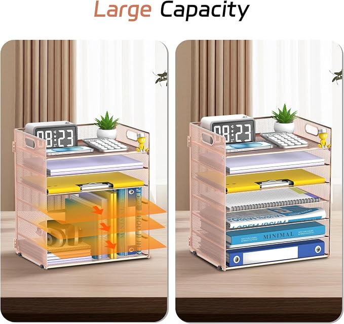 7 Tier Paper Organizer - Mesh Desktop File Holder with Handles for Office School Desk (Rose Gold)
