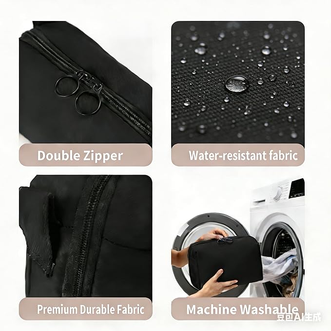 Fabric Cosmetic Bag with Multi-Compartments - Machine Washable Makeup Organizer, Water-Resistant Travel Toiletry Pouch, Lightweight Portable Beauty Bag for Purse Black