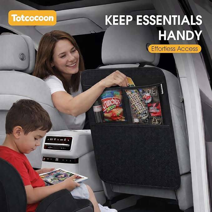 Car Back Seat Protector, 2-Pack Black Waterproof Kick Mats with Custom Storage Pockets, Universal Fit 600D Oxford Fabric Backseat Covers, X-Large Size with Zipper Storage Bag