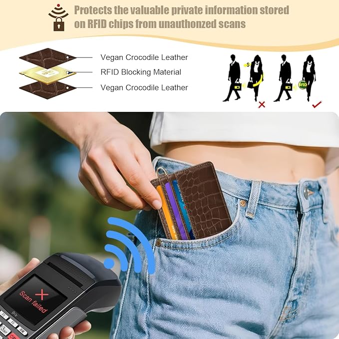 Slim Credit Card Holder Crocodile Wallet Women Thin Alligator Wallets RFID Blocking Minimalist Lightweight Small Cute Cards Holders with ID Window, Coffee