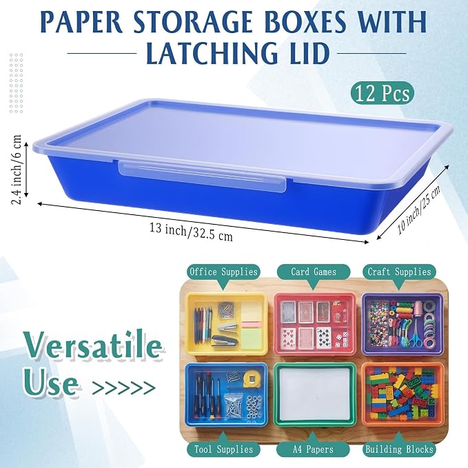 Tinlade 12 Pcs Classroom Paper Storage Bins with Clear Latching Lids Labels, Letter Size Stackable Flat Trays Container Paper Organizer for Teacher Back to School Office Arts Crafts (Rainbow,13x10in)