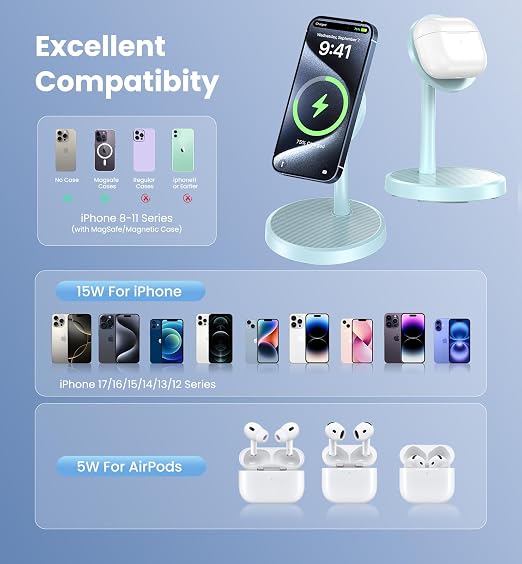 Magnetic Wireless Charger iPhone, 2 Pack 15W Fast Mag-Safe Charger Stand for iPhone 17/17 Air/17 Pro/17 Pro Max 16/15/14/13/12 Series, Wireless Charging Station for Pad/AirPods(Blue)