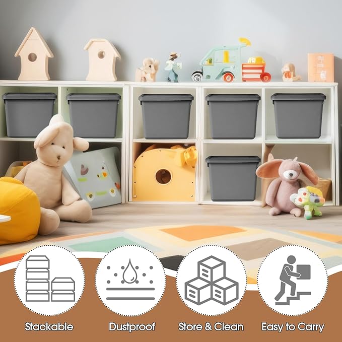 Potchen 6 Pcs Pack Cute Plastic Storage Bins with Lids Decorative Stackable Storage Boxes 9.8" ×7.3" ×5.7" Small Storing Totes for Organizing Craft Office Supplies (Grey)