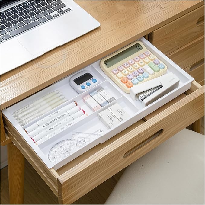 Plastic Drawers Organizer for Office Bathroom Bedroom Kitchen Desk - 1 Layers More White Storage Tray - Expandable 11.4-18.1 Inches (SHALLOW 1")