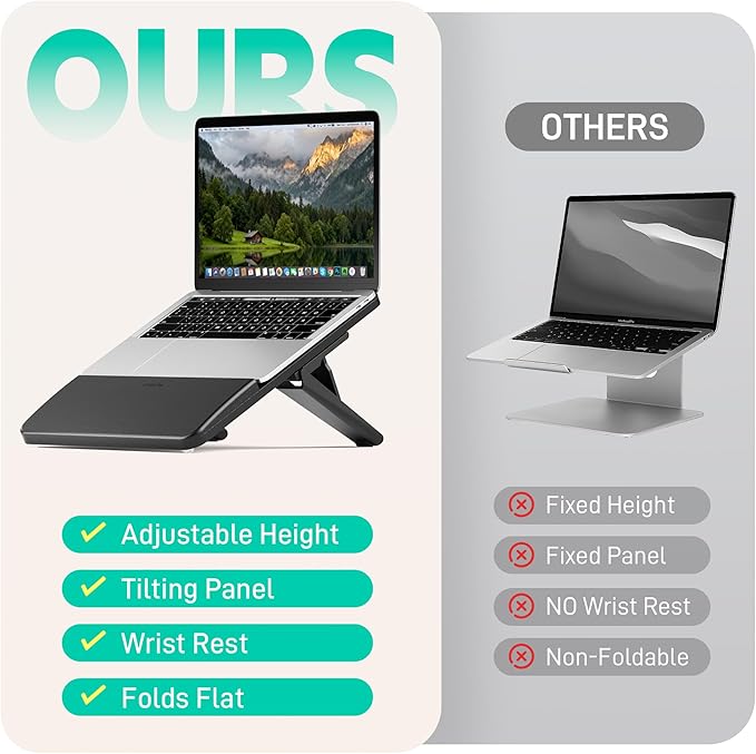 AFOOYO Adjustable Bamboo Laptop Stand,Portable Computer Riser,Ergonomic Notebook Mount with Wrist Rest,Compatible with 9.8-15'' All Laptops,MacBook Air Pro/HP/Dell/Lenovo,Black