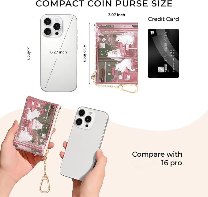 Cute Japanese Cats Keychain Coin Purse for Women, Small PU Leather Change Pouch, Zipper Little Tiny Travel Wallet for Girls, Cute Kawaii Zip Pocket Coin Holder with Key Ring