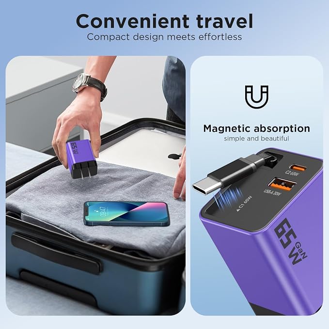 65W GaN USB C Charger Block with 2.3FT Retractable Cable, 3-Port Fast Wall Plug (2 USB-C & 1 USB-A) for iPhone 17 16 15, Samsung Galaxy S25, MacBook Pro/Air, Travel (Purple)