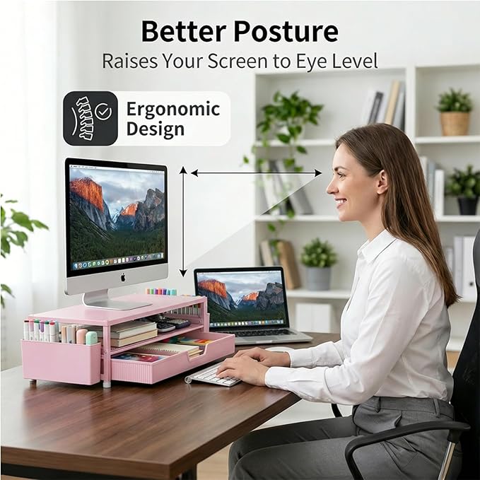 ECOLOVI Desk Organizer and Accessories, 2-Tier Computer Monitor Stand Rise with Storage Drawer & 2 Pen Holders, Laptop & Printer Stand for Desktop, Workspace Organizers for Office Supplies (Pink)