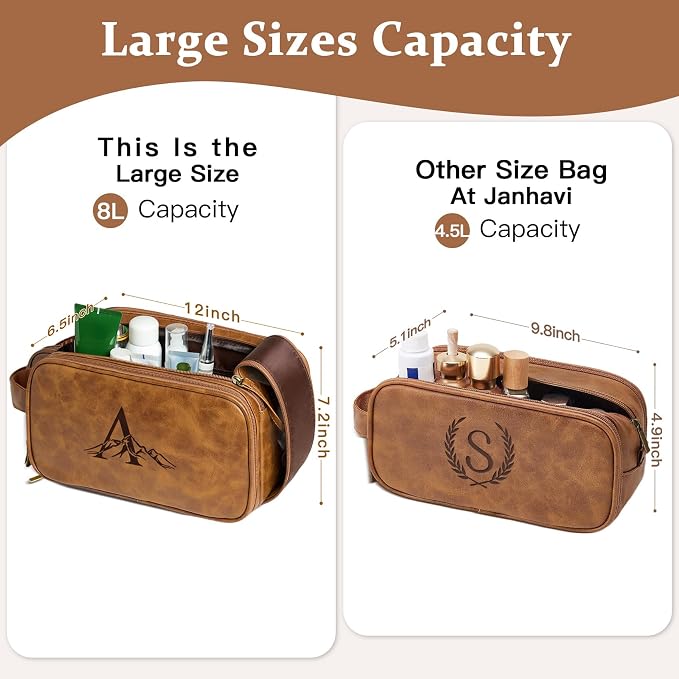 Janhavi Personalized Toiletry Bag for Men, Gifts for Boyfriend, Toiletry Bag For Shower Caddy,Personalized Initials & Mountain, Mens Toiletry Travel Bag, Travel Essentials for Men (Brown J)
