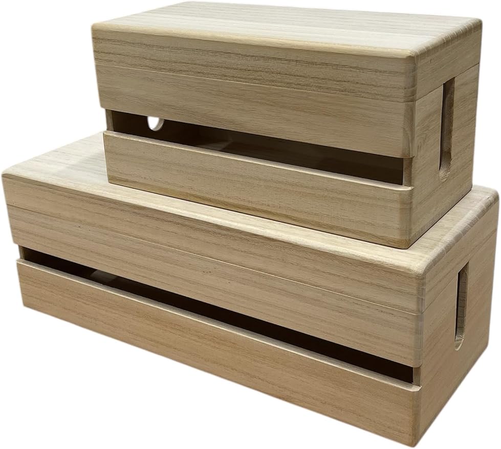 2 Set of Masuda Paulownia Wood Cable Management Box – Handmade Wooden Cord Organizer for Power Strips, Routers, Chargers – Eco-Friendly Desktop Cable Storage – Made in Japan, Plain