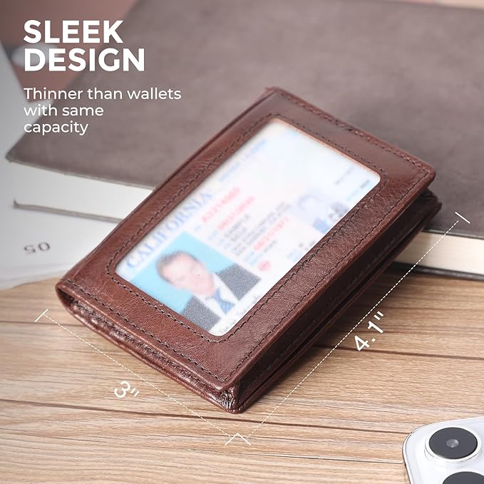 RFID Blocking Front Pocket Minimalist Slim Leather Bifold Wallet Credit Card Case Holder ID Window