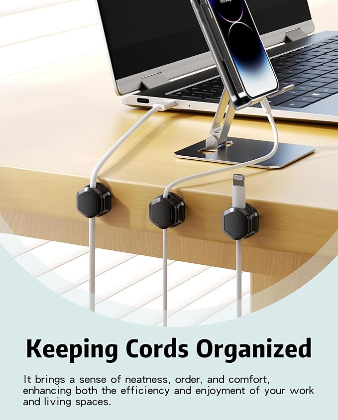 6 Pack Magnetic Cable Clips [Cable Smooth Adjustable] Cord Organizer - Cuworlis Adhesive Wire Holder, Under Desk Cord Holder Keeper for Home Office Desk Phone Car Wall Desktop Nightstand Cabinet