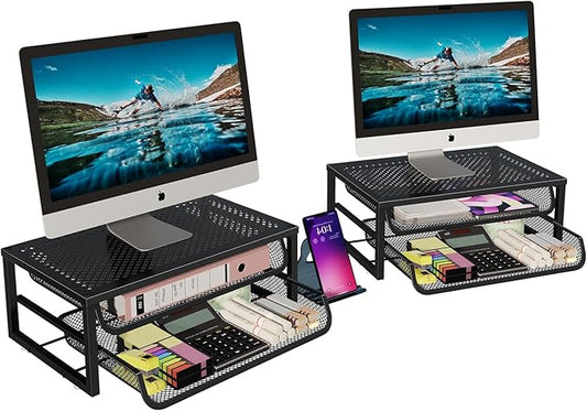 Ekisemio 2-Pack 2-Tier Monitor Stand Riser with Drawer, Metal Computer Desk Organizer for Home Office, Black