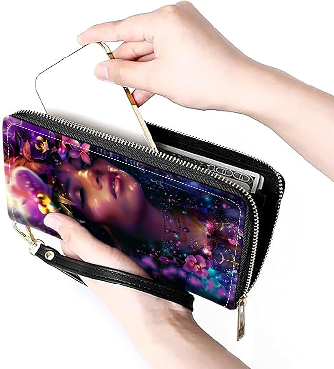 Women's Large Capacity Wallet PU Leather Zip Around Clutch Purse Multifunctional Wallet with Removable Wristlet Strap for Smart Phone/Coin/Card/Cash, Floral Wreath Women