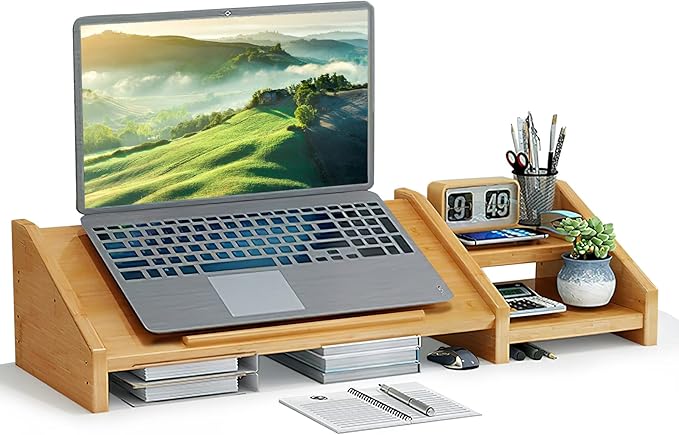 Ufine Bamboo Laptop Stand for Desk 3 Heights Adjustable Notebook Stand Computer Monitor Riser with 2 Tier Storage Shelf, Desktop Organizer Printer Stand for Home Office