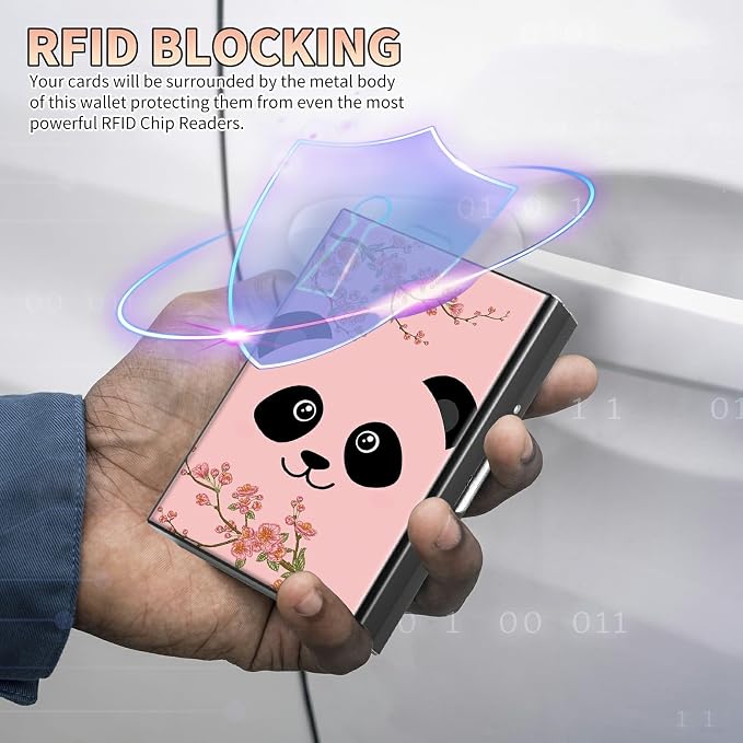 Slim Credit Card Holder, Panda Sakura RFID Blocking Metal Wallet for Men & Women, Aluminum Minimalist Hard Case Pocket-Sized Business Cards Organizer (Fits Up to 10 Cards)
