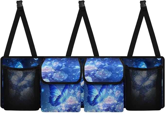 Blue Butterfly Roses Car Backseat Hanging Trunk Organizer for SUV Car Storage Bag with 4 Pockets Multipurpose Adjustable Car Organizer Bag Auto Interior Accessories